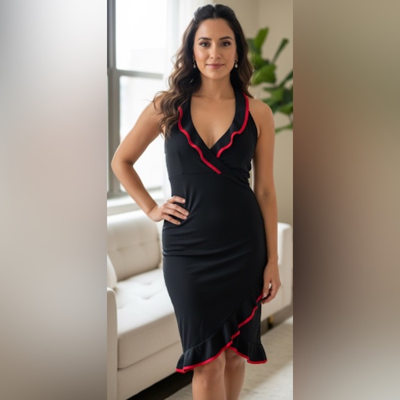 Ruby Rox Dresses & Skirts - RUBY ROX Vntg Y2K Black Red Ruffle Flamenco Asymmetrical Hem Halter Dress Jr L